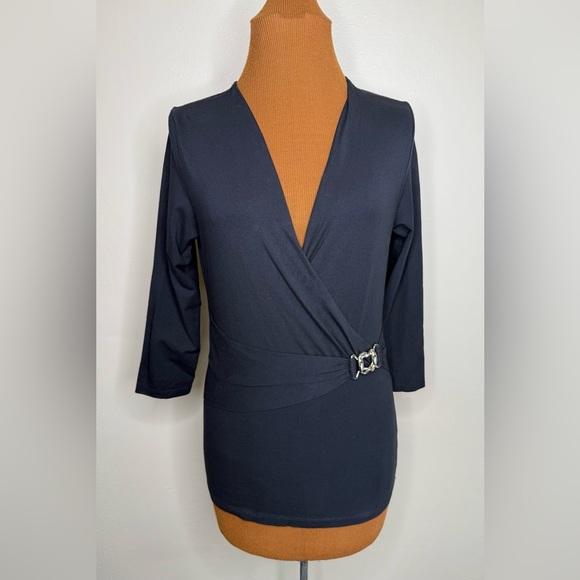 Jones NY Signature Black Pullover Faux Wrap Blouse Silver Detail Size Small - Picture 1 of 7